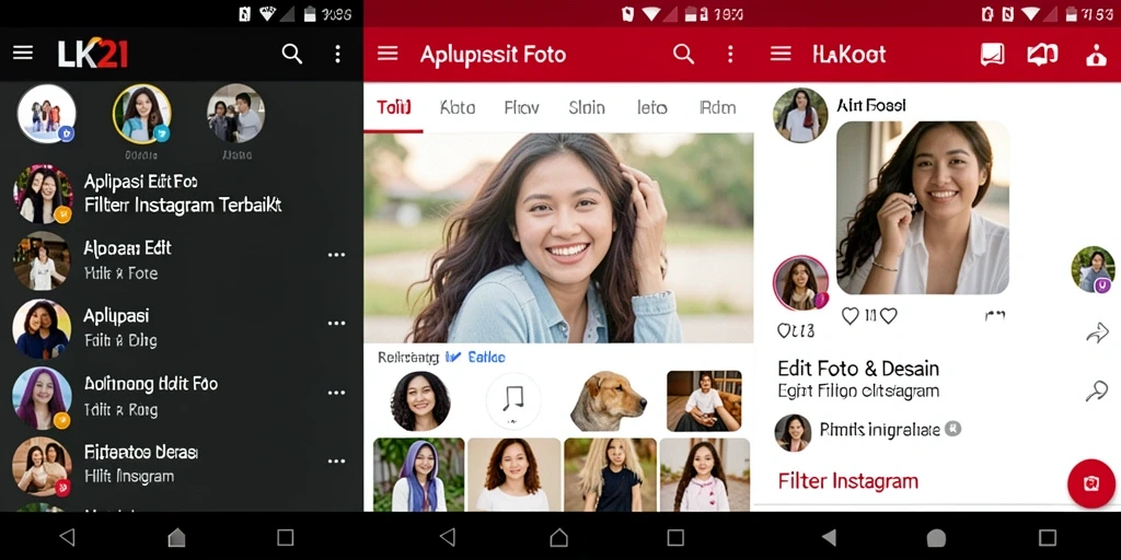Tampilan antarmuka aplikasi LK21 dengan berbagai pilihan filter Instagram.