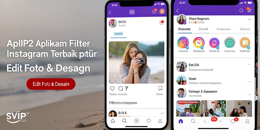 Antarmuka pengguna aplikasi SVIP2 dengan berbagai filter Instagram yang menarik.