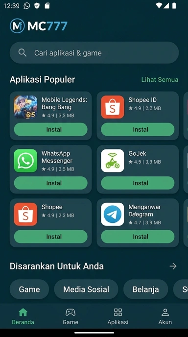 Tampilan katalog aplikasi mc777