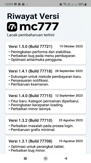 Tampilan riwayat versi mc777